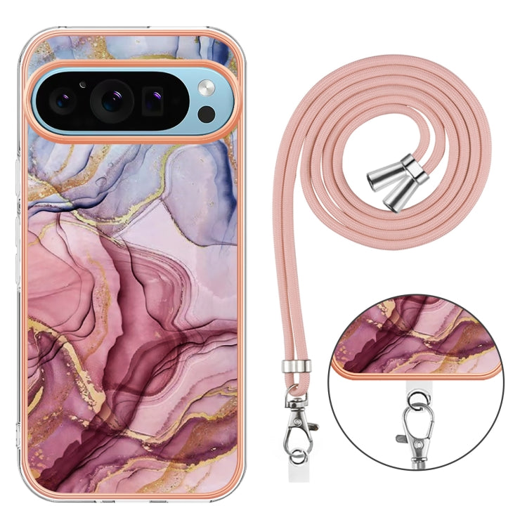 For Google Pixel 9 / 9 Pro Electroplating Marble Dual-side IMD Phone Case with Lanyard(Rose Red 014) - Google Cases by buy2fix | Online Shopping UK | buy2fix