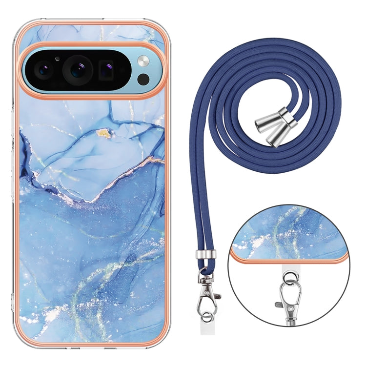 For Google Pixel 9 Pro XL Electroplating Marble Dual-side IMD Phone Case with Lanyard(Blue 018) - Google Cases by buy2fix | Online Shopping UK | buy2fix