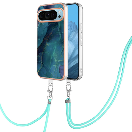 For Google Pixel 9 Pro XL Electroplating Marble Dual-side IMD Phone Case with Lanyard(Green 017) - Google Cases by buy2fix | Online Shopping UK | buy2fix