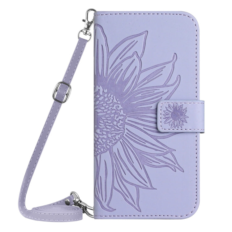 For iPhone 16 Pro Max Skin Feel Sun Flower Embossed Flip Leather Phone Case with Lanyard(Purple) - iPhone 16 Pro Max Cases by buy2fix | Online Shopping UK | buy2fix