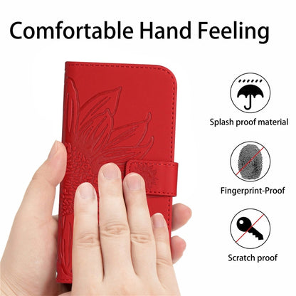 For iPhone 16 Pro Skin Feel Sun Flower Embossed Flip Leather Phone Case with Lanyard(Red) - iPhone 16 Pro Cases by buy2fix | Online Shopping UK | buy2fix