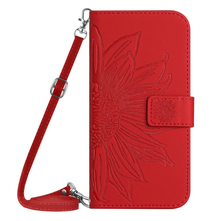 For iPhone 16 Plus Skin Feel Sun Flower Embossed Flip Leather Phone Case with Lanyard(Red) - iPhone 16 Plus Cases by buy2fix | Online Shopping UK | buy2fix