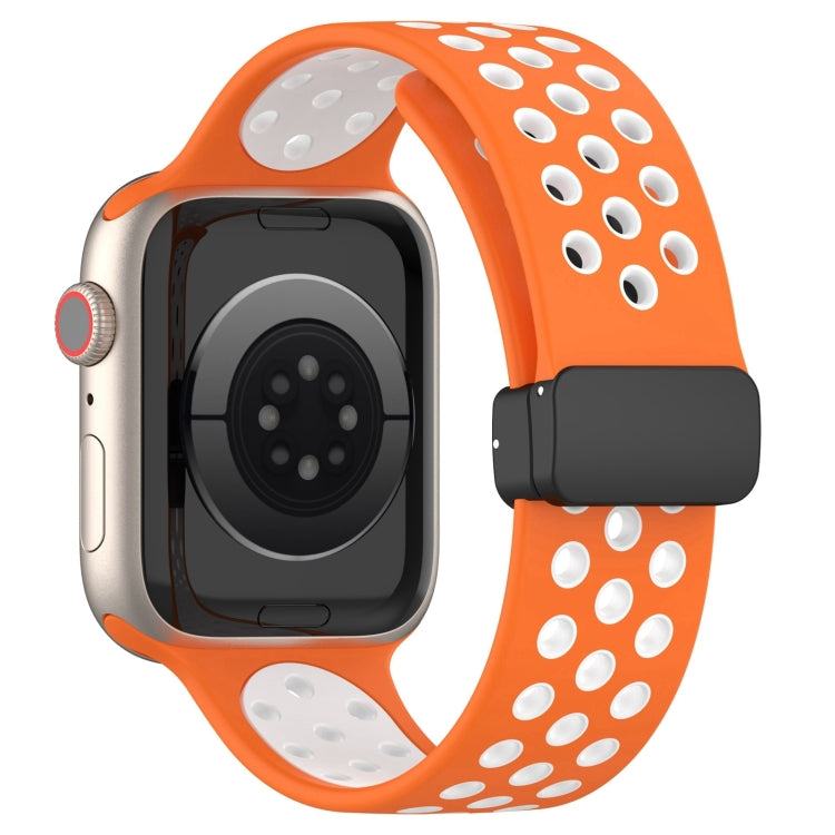 For Apple Watch SE 2023 44mm Magnetic Buckle Silicone Watch Band(Orange White) - Watch Bands by buy2fix | Online Shopping UK | buy2fix