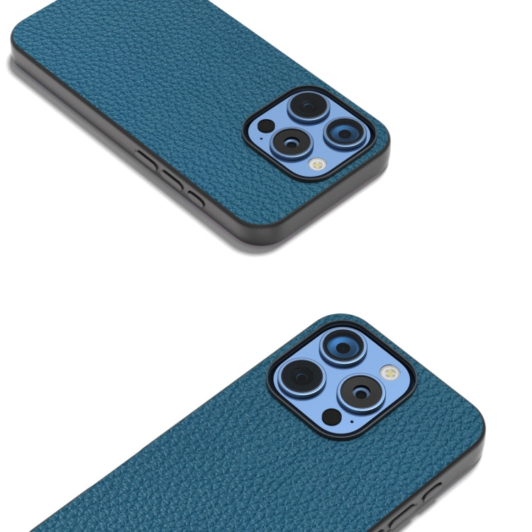 For iPhone 16 Pro ABEEL Genuine Leather Litchi Texture Phone Case(Blue) - iPhone 16 Pro Cases by buy2fix | Online Shopping UK | buy2fix