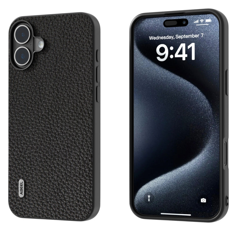 For iPhone 16 Plus ABEEL Genuine Leather Litchi Texture Phone Case(Black) - iPhone 16 Plus Cases by buy2fix | Online Shopping UK | buy2fix