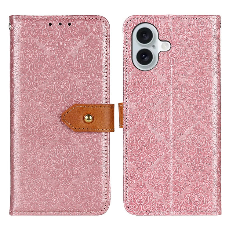 For iPhone 16 European Floral Embossed Leather Phone Case(Pink) - iPhone 16 Cases by buy2fix | Online Shopping UK | buy2fix