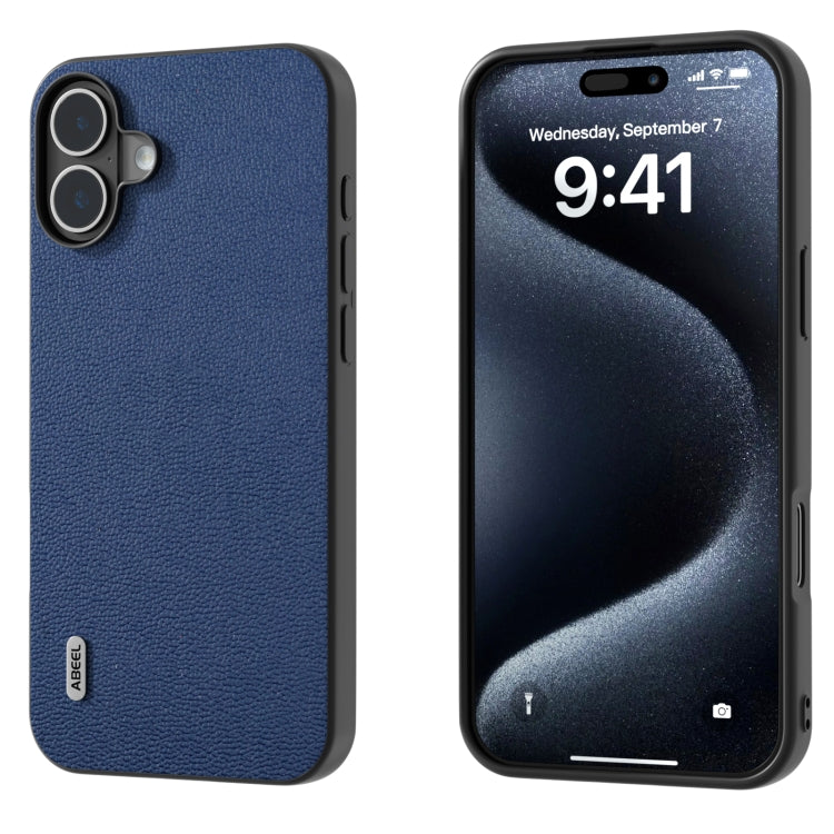 For iPhone 16 Plus ABEEL Genuine Leather Luolai Series Phone Case(Dark Blue) - iPhone 16 Plus Cases by buy2fix | Online Shopping UK | buy2fix