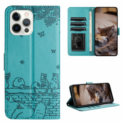 For iPhone 16 Pro Max Cat Embossing Pattern Leather Phone Case with Lanyard(Blue) - iPhone 16 Pro Max Cases by buy2fix | Online Shopping UK | buy2fix