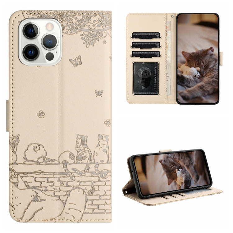 For iPhone 16 Pro Cat Embossing Pattern Leather Phone Case with Lanyard(Beige) - iPhone 16 Pro Cases by buy2fix | Online Shopping UK | buy2fix