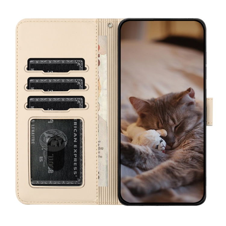 For iPhone 16 Pro Cat Embossing Pattern Leather Phone Case with Lanyard(Beige) - iPhone 16 Pro Cases by buy2fix | Online Shopping UK | buy2fix