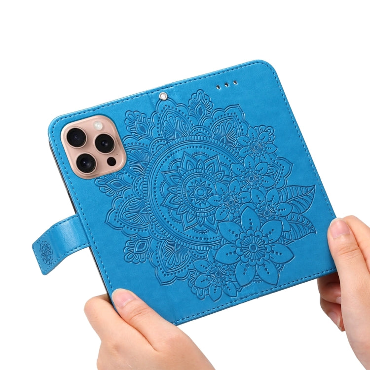 For iPhone 16 Pro 7-petal Flowers Embossing Leather Phone Case(Blue) - iPhone 16 Pro Cases by buy2fix | Online Shopping UK | buy2fix