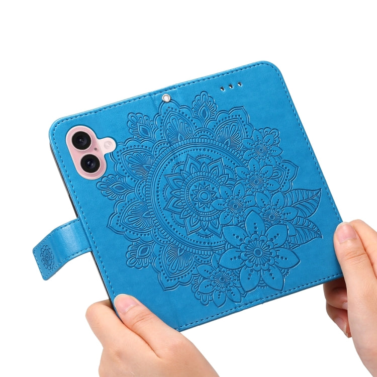 For iPhone 16 7-petal Flowers Embossing Leather Phone Case(Blue) - iPhone 16 Cases by buy2fix | Online Shopping UK | buy2fix