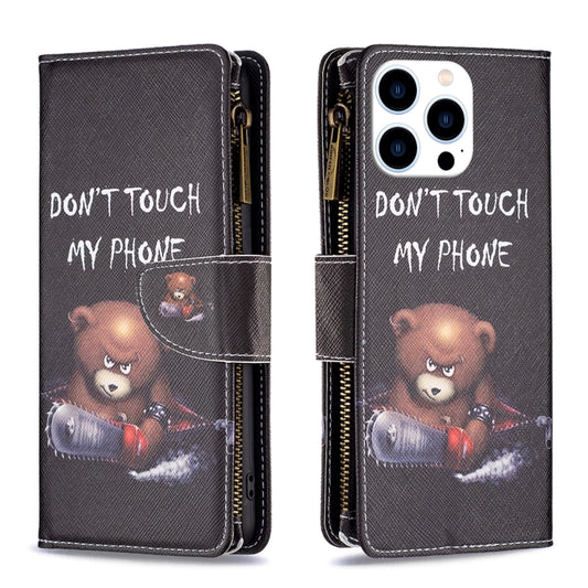 For iPhone 16 Pro Colored Drawing Pattern Zipper Phone Leather Case(Bear) - iPhone 16 Pro Cases by buy2fix | Online Shopping UK | buy2fix