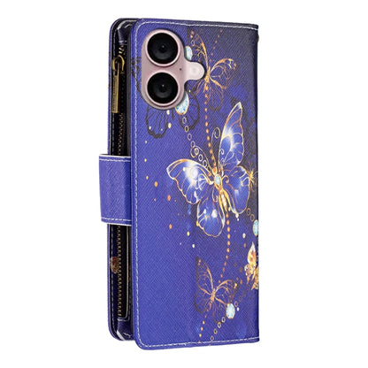 For iPhone 16 Plus Colored Drawing Pattern Zipper Phone Leather Case(Purple Butterfly) - iPhone 16 Plus Cases by buy2fix | Online Shopping UK | buy2fix