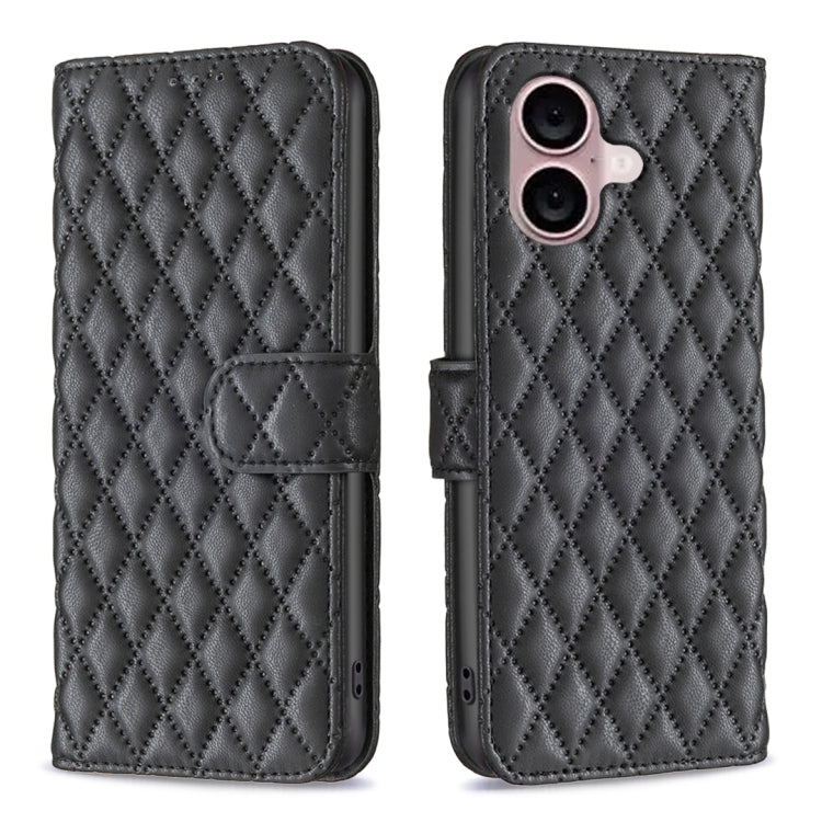 For iPhone 16 Diamond Lattice Wallet Flip Leather Phone Case(Black) - iPhone 16 Cases by buy2fix | Online Shopping UK | buy2fix