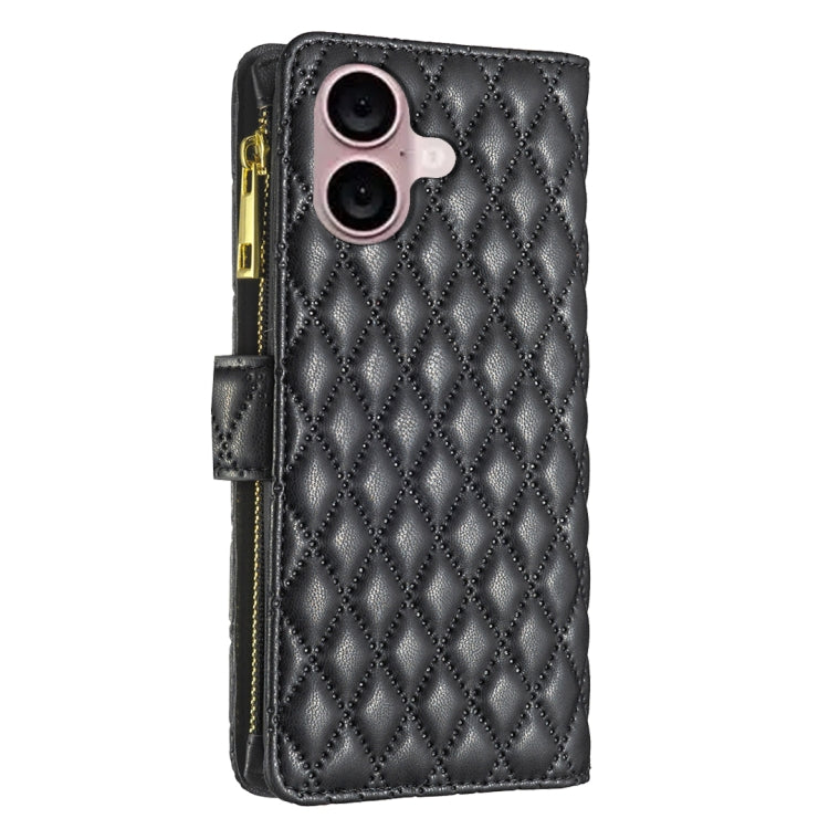 For iPhone 16 Diamond Lattice Zipper Wallet Leather Flip Phone Case(Black) - iPhone 16 Cases by buy2fix | Online Shopping UK | buy2fix