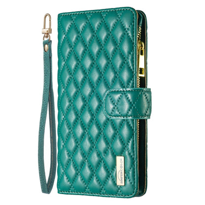 For iPhone 16 Plus Diamond Lattice Zipper Wallet Leather Flip Phone Case(Green) - iPhone 16 Plus Cases by buy2fix | Online Shopping UK | buy2fix