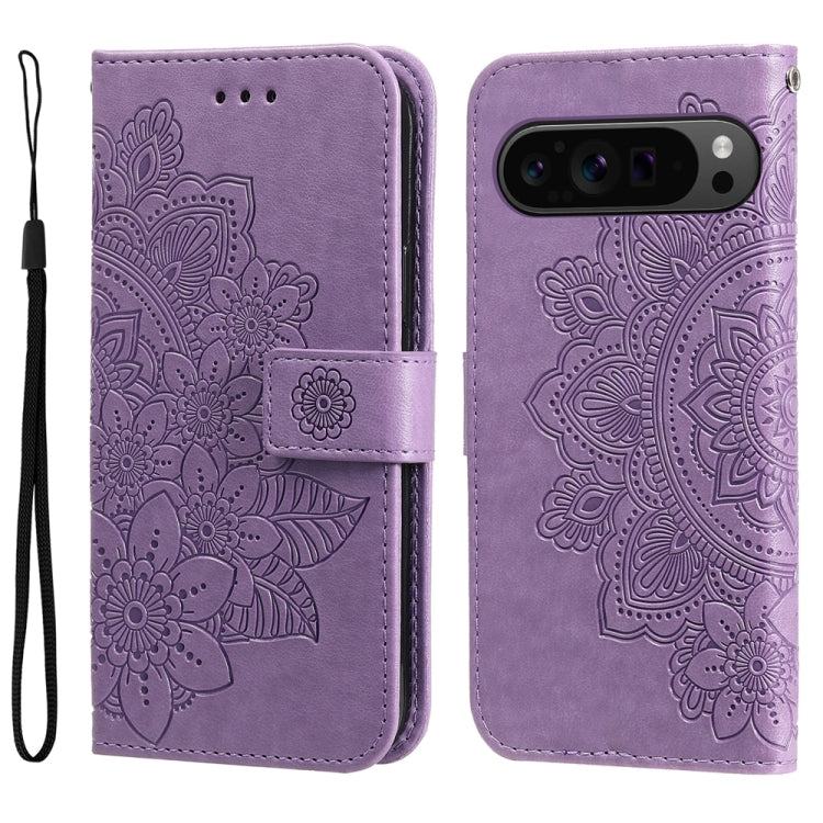 For Google Pixel 9 Pro 7-petal Flowers Embossing Leather Phone Case(Light Purple) - Google Cases by buy2fix | Online Shopping UK | buy2fix