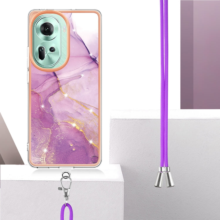 For OPPO Reno11 5G Global Electroplating Marble Dual-side IMD Phone Case with Lanyard(Purple 001) - Reno11 Cases by buy2fix | Online Shopping UK | buy2fix