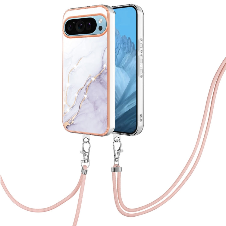 For Google Pixel 9 / 9 Pro Electroplating Marble Dual-side IMD Phone Case with Lanyard(White 006) - Google Cases by buy2fix | Online Shopping UK | buy2fix