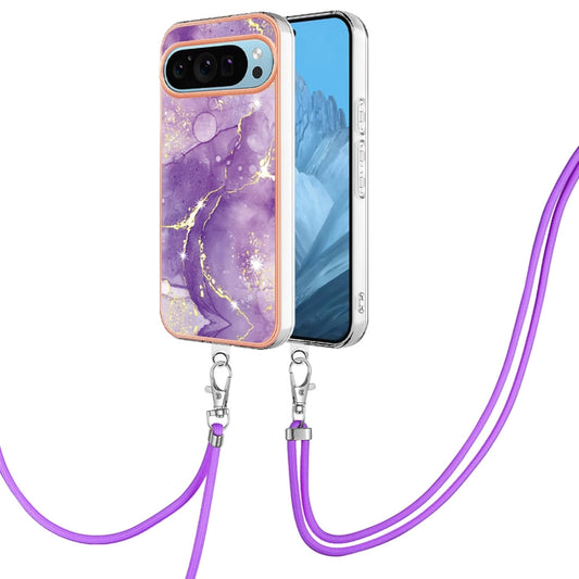 For Google Pixel 9 Pro XL Electroplating Marble Dual-side IMD Phone Case with Lanyard(Purple 002) - Google Cases by buy2fix | Online Shopping UK | buy2fix