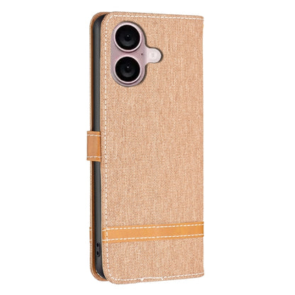 For iPhone 16 Color Block Denim Texture Leather Phone Case(Brown) - iPhone 16 Cases by buy2fix | Online Shopping UK | buy2fix