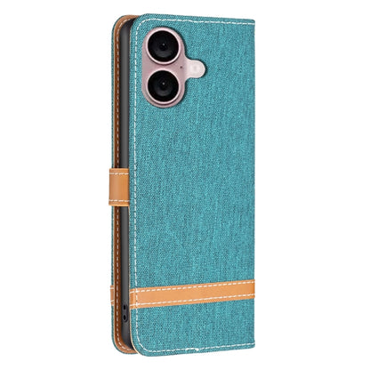 For iPhone 16 Plus Color Block Denim Texture Leather Phone Case(Green) - iPhone 16 Plus Cases by buy2fix | Online Shopping UK | buy2fix