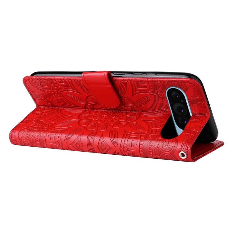 For Google Pixel 9 Embossed Sunflower Leather Phone Case(Red) - Google Cases by buy2fix | Online Shopping UK | buy2fix