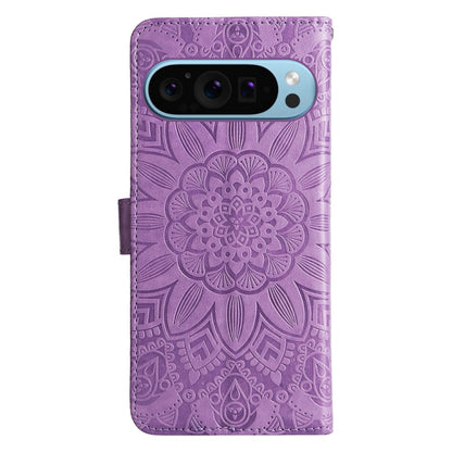 For Google Pixel 9 Embossed Sunflower Leather Phone Case(Purple) - Google Cases by buy2fix | Online Shopping UK | buy2fix