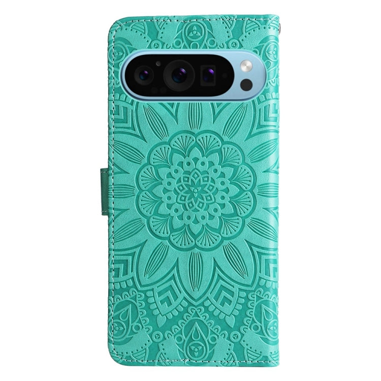 For Google Pixel 9 Embossed Sunflower Leather Phone Case(Green) - Google Cases by buy2fix | Online Shopping UK | buy2fix