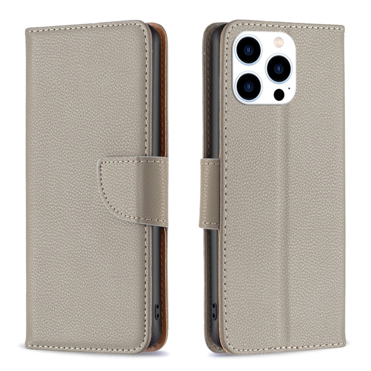 For iPhone 16 Pro Max Litchi Texture Pure Color Flip Leather Phone Case(Grey) - iPhone 16 Pro Max Cases by buy2fix | Online Shopping UK | buy2fix