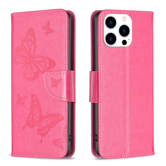 For iPhone 16 Pro Max Embossing Two Butterflies Pattern Leather Phone Case(Rose Red) - iPhone 16 Pro Max Cases by buy2fix | Online Shopping UK | buy2fix