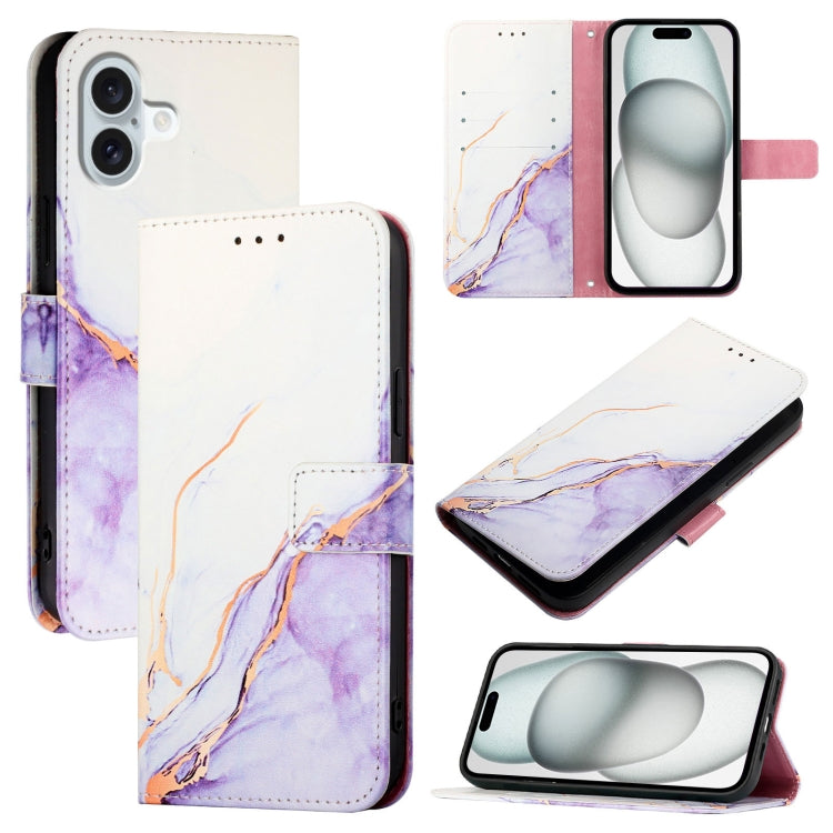 For iPhone 16 Plus PT003 Marble Pattern Flip Leather Phone Case(White Purple LS006) - iPhone 16 Plus Cases by buy2fix | Online Shopping UK | buy2fix