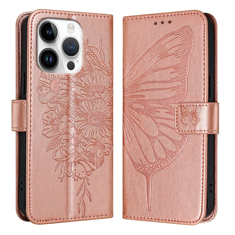 For iPhone 16 Pro Embossed Butterfly Leather Phone Case(Rose Gold) - iPhone 16 Pro Cases by buy2fix | Online Shopping UK | buy2fix