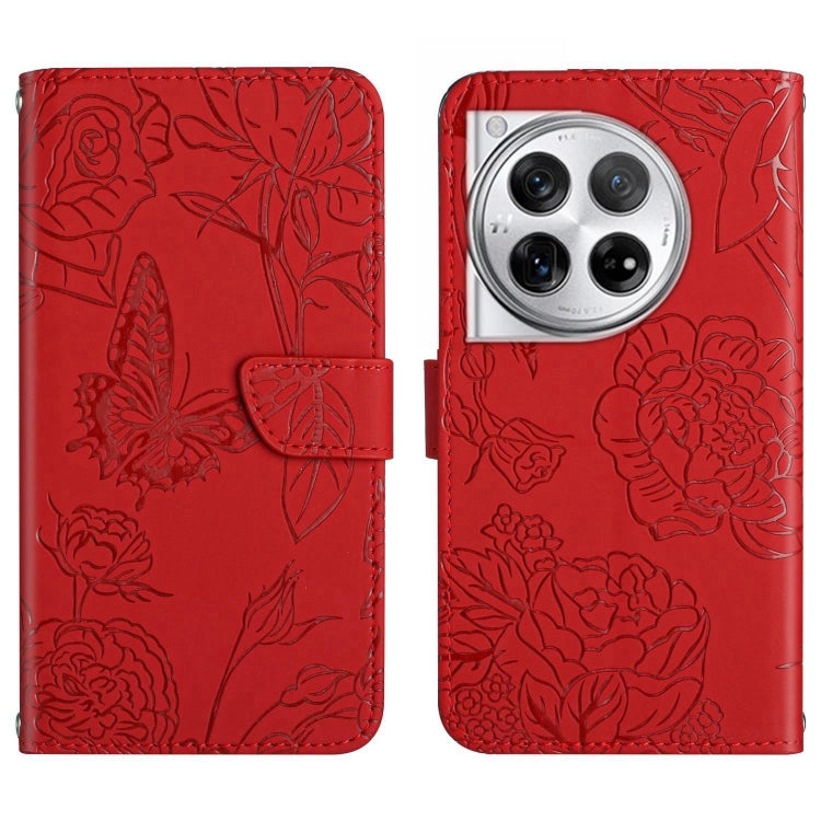 For OnePlus 12R 5G Global Skin Feel Butterfly Peony Embossed Leather Phone Case(Red) - OnePlus Cases by buy2fix | Online Shopping UK | buy2fix