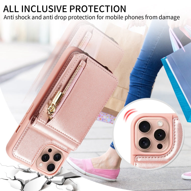 For iPhone 16 Pro Crossbody Lanyard Zipper Wallet Leather Phone Case(Rose Gold) - iPhone 16 Pro Cases by buy2fix | Online Shopping UK | buy2fix