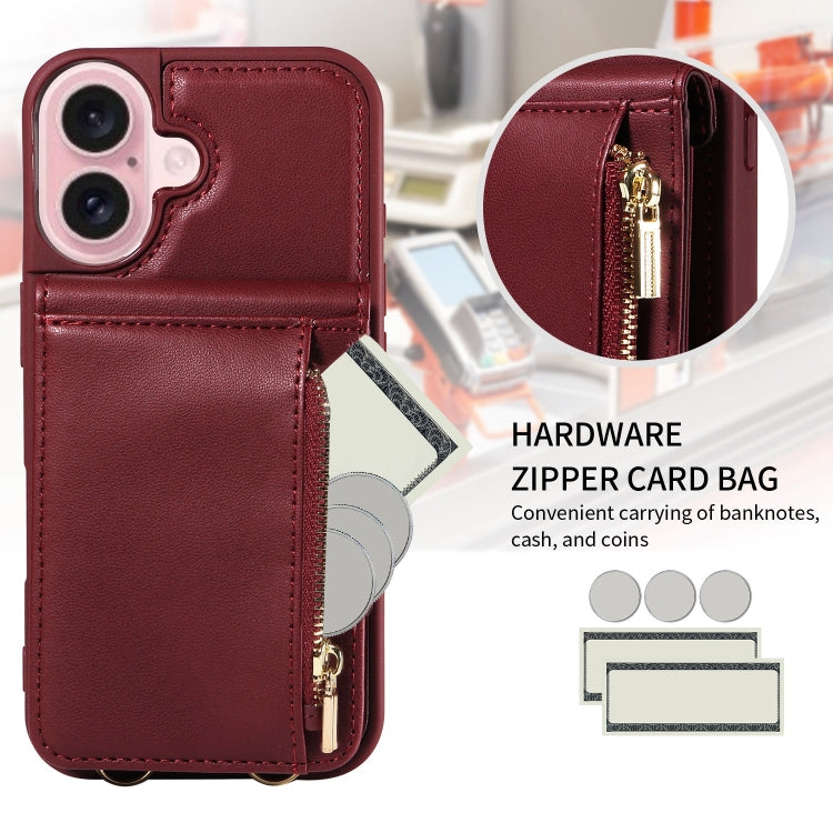 For iPhone 16 Crossbody Lanyard Zipper Wallet Leather Phone Case(Wine Red) - iPhone 16 Cases by buy2fix | Online Shopping UK | buy2fix