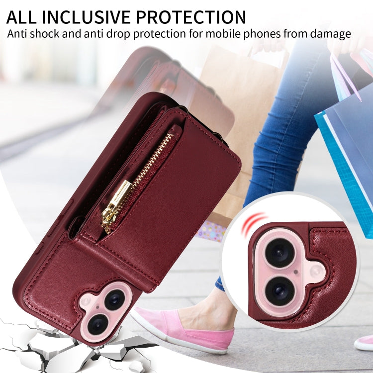 For iPhone 16 Crossbody Lanyard Zipper Wallet Leather Phone Case(Wine Red) - iPhone 16 Cases by buy2fix | Online Shopping UK | buy2fix