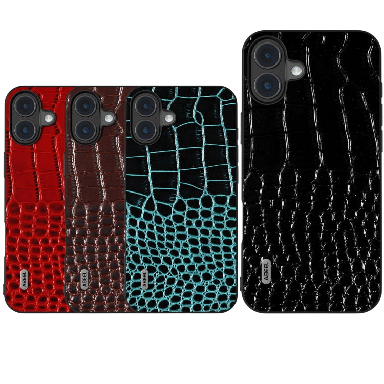 For iPhone 16 Plus ABEEL Genuine Leather Crocodile Pattern Black Edge Phone Case(Red) - iPhone 16 Plus Cases by buy2fix | Online Shopping UK | buy2fix