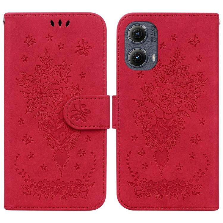 For Motorola Edge 2024 Butterfly Rose Embossed Leather Phone Case(Red) - Motorola Cases by buy2fix | Online Shopping UK | buy2fix