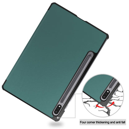 For Samsung Galaxy Tab S9 Custer Pure Color 3-Fold Holder Smart Leather Tablet Case(Dark Green) - Galaxy Tab S9 Cases by buy2fix | Online Shopping UK | buy2fix