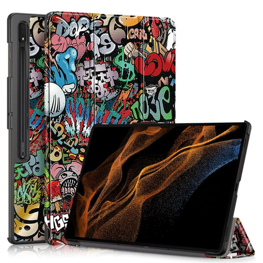 For Samsung Galaxy Tab S9 Ultra Custer Painted 3-Fold Holder Smart Leather Tablet Case(Graffiti) - Other Galaxy Tab PC by buy2fix | Online Shopping UK | buy2fix