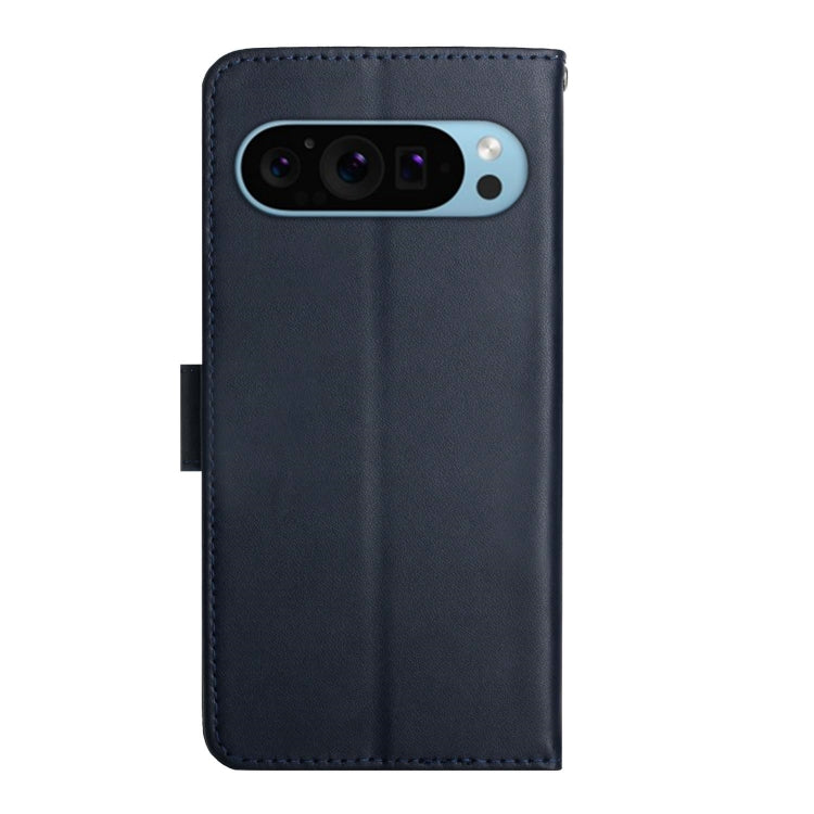 For Google Pixel 9 Pro HT02 Genuine Leather Fingerprint-proof Flip Phone Case(Blue) - Google Cases by buy2fix | Online Shopping UK | buy2fix