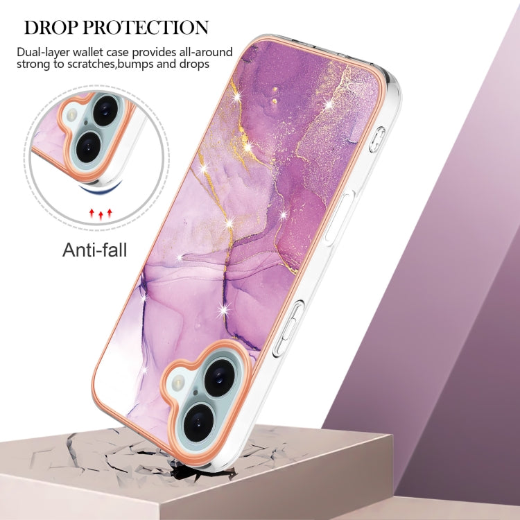 For iPhone 16 Plus Electroplating Marble Pattern Dual-side IMD TPU Shockproof Phone Case (Purple 001) - iPhone 16 Plus Cases by buy2fix | Online Shopping UK | buy2fix