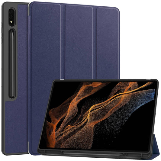 For Samsung Galaxy Tab S9 Ultra 3-Fold Pure Color TPU Smart Leather Tablet Case with Pen Slot(Dark Blue) - Galaxy Tab S9 Ultra Cases by buy2fix | Online Shopping UK | buy2fix