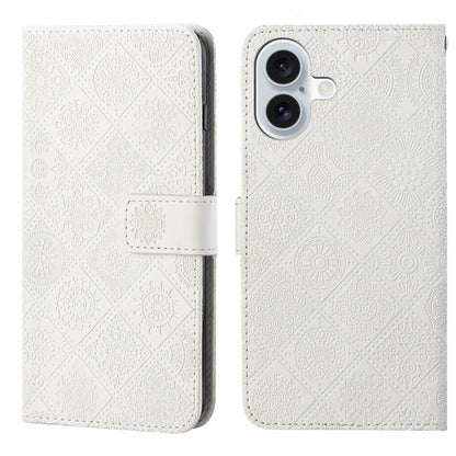 For iPhone 16 Ethnic Style Embossed Pattern Leather Phone Case(White) - iPhone 16 Cases by buy2fix | Online Shopping UK | buy2fix