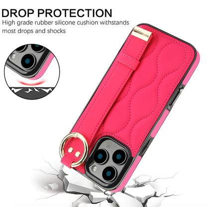 For iPhone 16 Pro Non-slip Full Coverage Ring PU Phone Case with Wristband(Rose Red) - iPhone 16 Pro Cases by buy2fix | Online Shopping UK | buy2fix