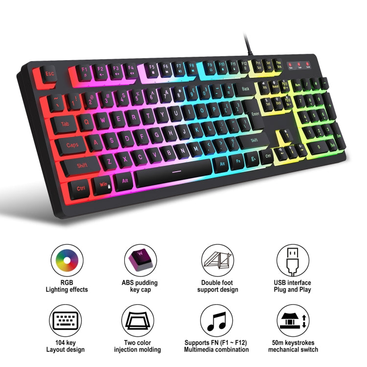 HXSJ L200 Wired RGB Backlit Keyboard 104 Pudding Key Caps(Black) - Wired Keyboard by HXSJ | Online Shopping UK | buy2fix