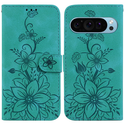 For Google Pixel 9 Lily Embossed Leather Phone Case(Green) - Google Cases by buy2fix | Online Shopping UK | buy2fix