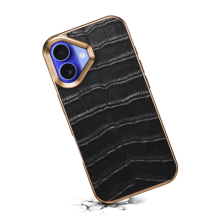 For iPhone 16 Denior Crocodile Texture Genuine Leather Electroplating Phone Case(Black) - More iPhone Cases by Denior | Online Shopping UK | buy2fix